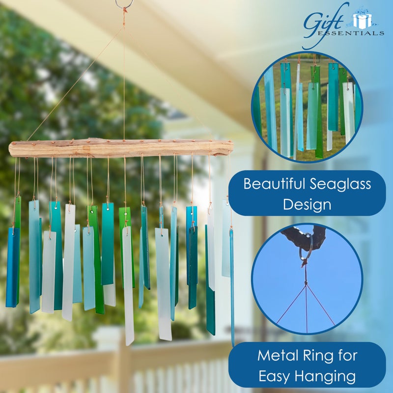 Gift Essentials Blue Handworks Sea Glass and Driftwood Chime - Sandblasted Glass and Found Wood Hand Crafted Wind Chime - Image 2